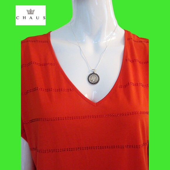 CHAUS NEW Stud Crystals Embellishment Lithe Sleeve Top L - Picture 6 of 12